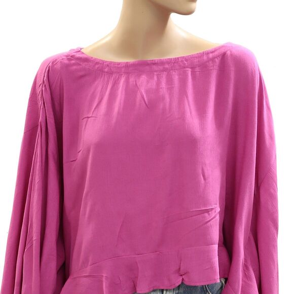 Free People Free Est Delilah Cropped Blouse Top Ruffle Cactus Rose L NWT 284420 - Picture 5 of 8